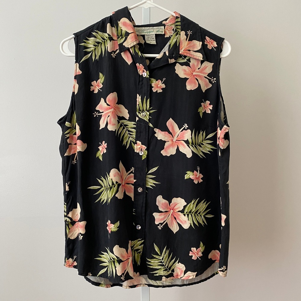 Pineapple Moon Resortwear XL Black 100% Silk Sleeveless Button Hawaiian Shirt
